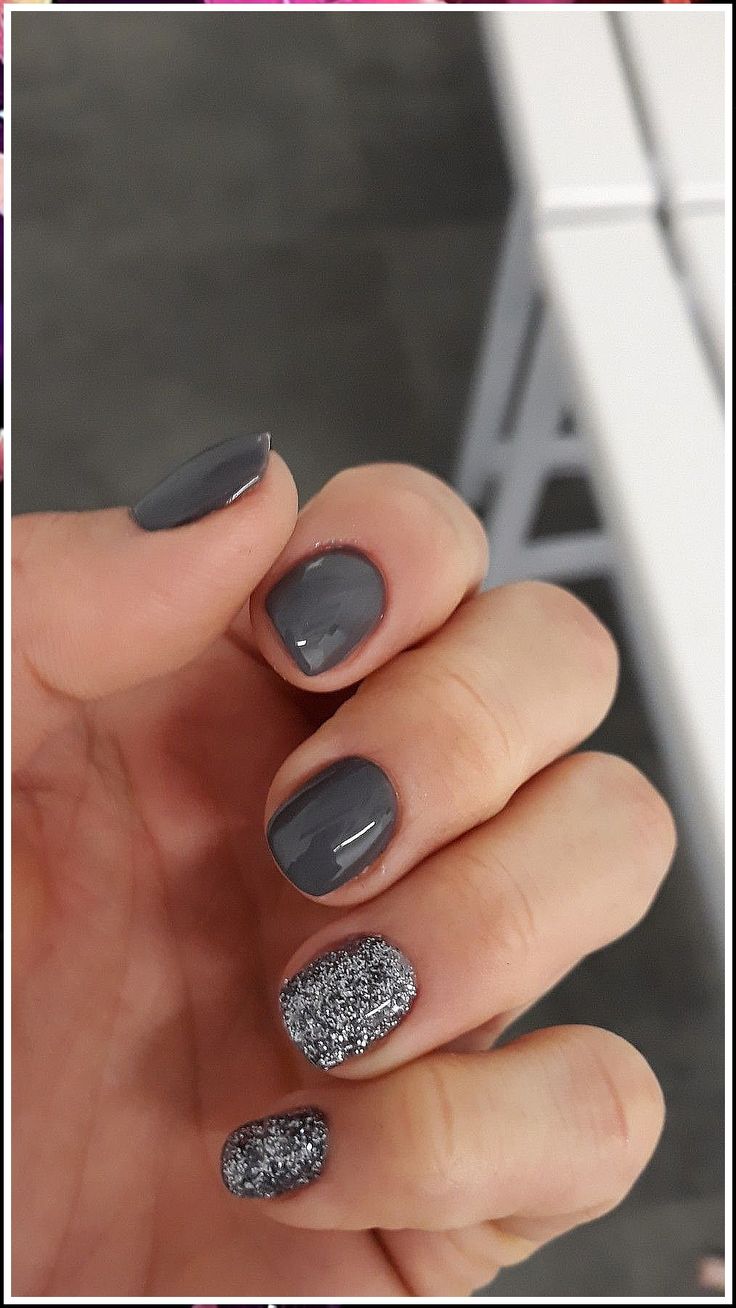 Elegant Gray and Glittery Silver Nail Design: A Chic Balance of Sophistication and Fun.