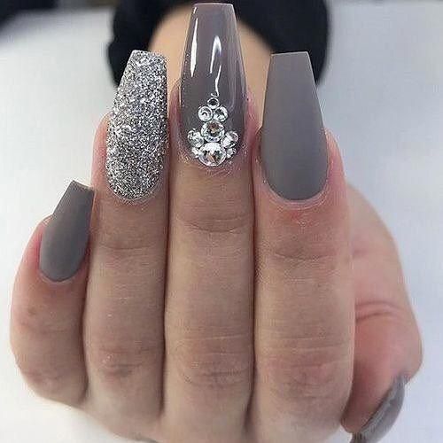 Chic Matte and Glitter Nail Design with Gray Base and Rhinestone Accent.