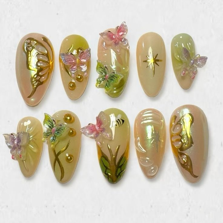 Delicate Nature-Inspired Nail Design with Soft Pastels and Elegant Details.