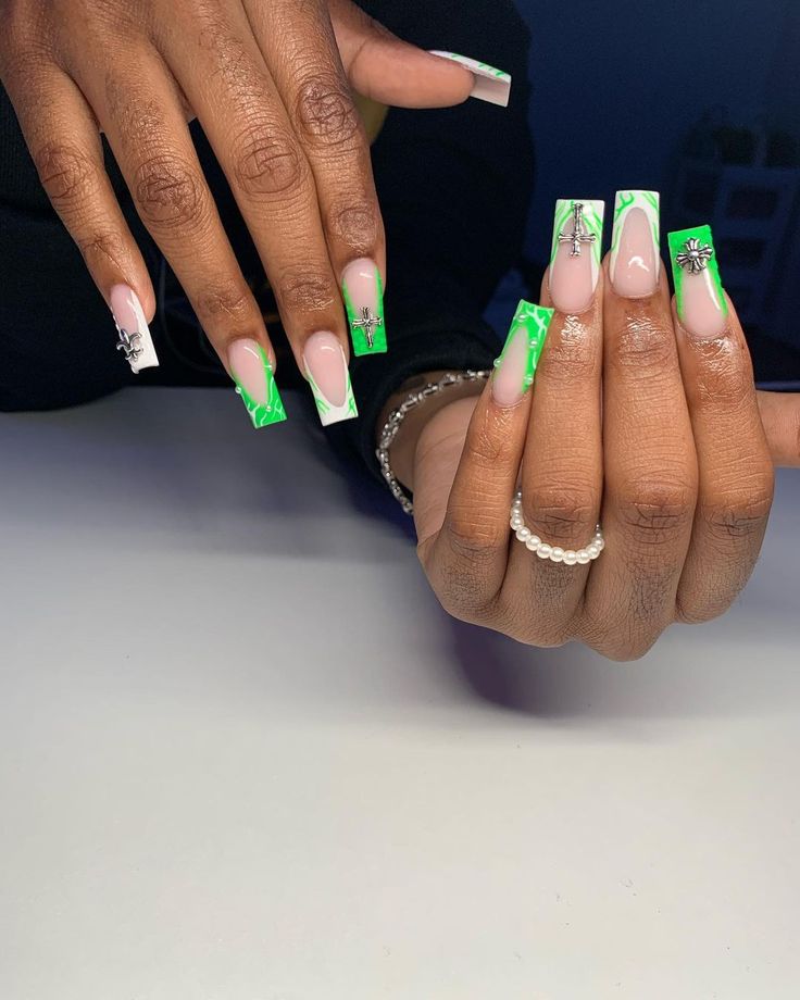 Green French Nails With Rhinestones