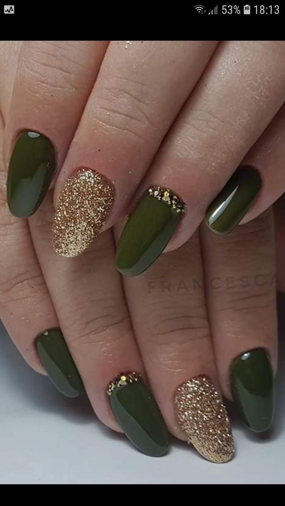 Sophisticated Olive Green Nail Design with Glamorous Gold Accents.