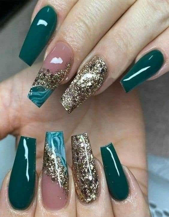 Elegant Teal Nail Design with Gold and Glitter Accents for a Bold Statement