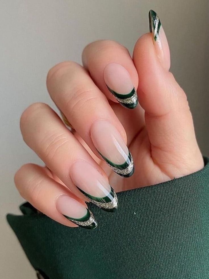 Elegant Almond-Shaped Nail Design: Modern Green and Silver Twist on Classic French Manicure