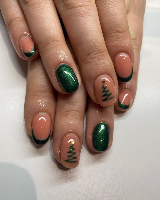 Cheerful Holiday Nail Design: Earthy Peach and Vibrant Green with Elegant Tips and Sparkling Tree Motifs.