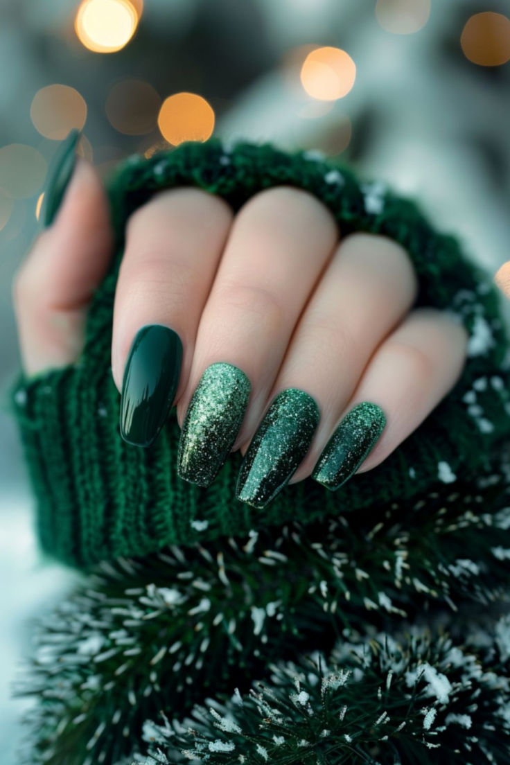 Striking Winter Nail Art: Glittering Green Shades Complement Cozy Knit Accessories