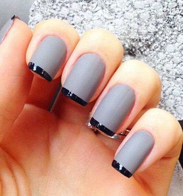 Sleek Matte Gray and Glossy Black French Tip Nail Design for Every Occasion.