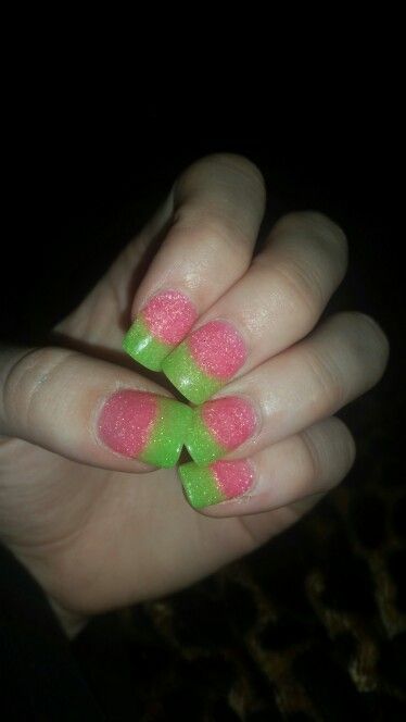 Cheerful Watermelon-Inspired Nail Design with Glossy Pink and Green Colors.