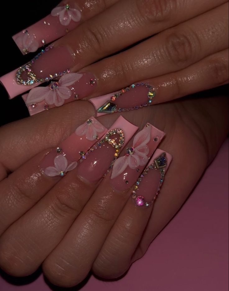 Chic Elegant Floral Nail Design with Pink Tones and 3D Flower Accents