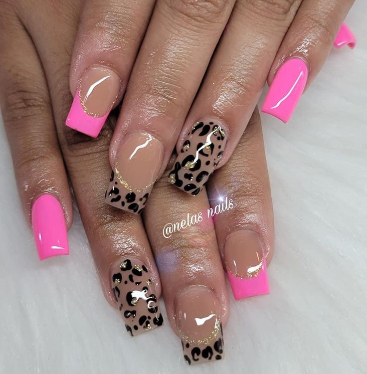 Trendy Chic Nail Design with Glossy Pink, Nude Shades, and Playful Leopard Print Accents.