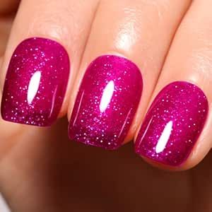 Vibrant Sparkling Magenta Nails: A Glossy, Shimmering Touch for Any Occasion.