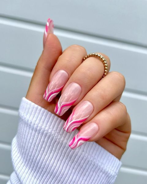 Chic Pink Marbled Long Nails: A Vibrant Aesthetic with Glossy Finish and Delicate Jewelry.