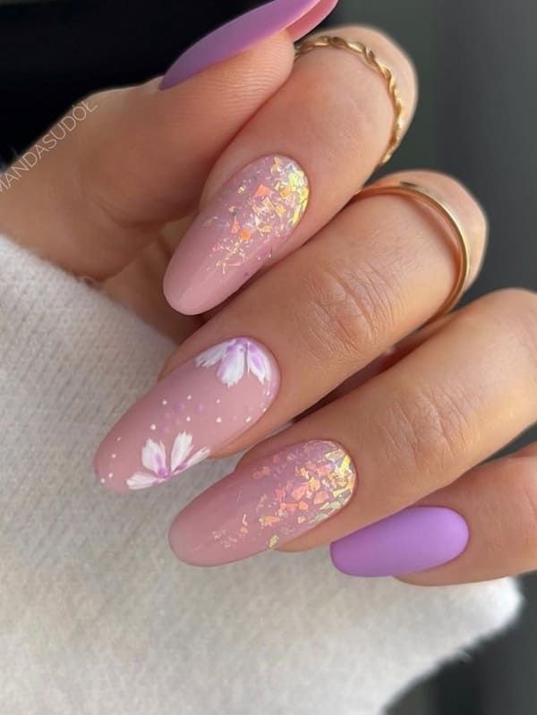 Romantic Pink and Lavender Nail Design with Floral Patterns and Gold Flakes