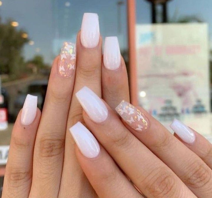 Chic Square Nail Design: Soft Pink and Glossy White with Glitter Accents.