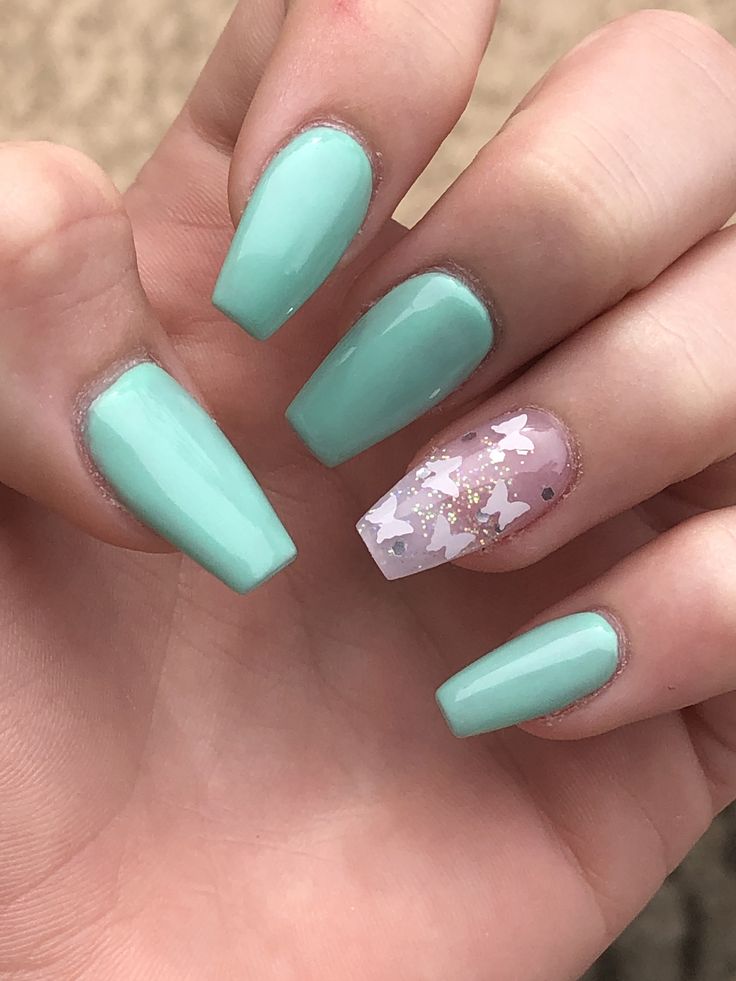 Playful Mint Green and Pink Butterfly Nail Design for Spring/Summer Elegance.