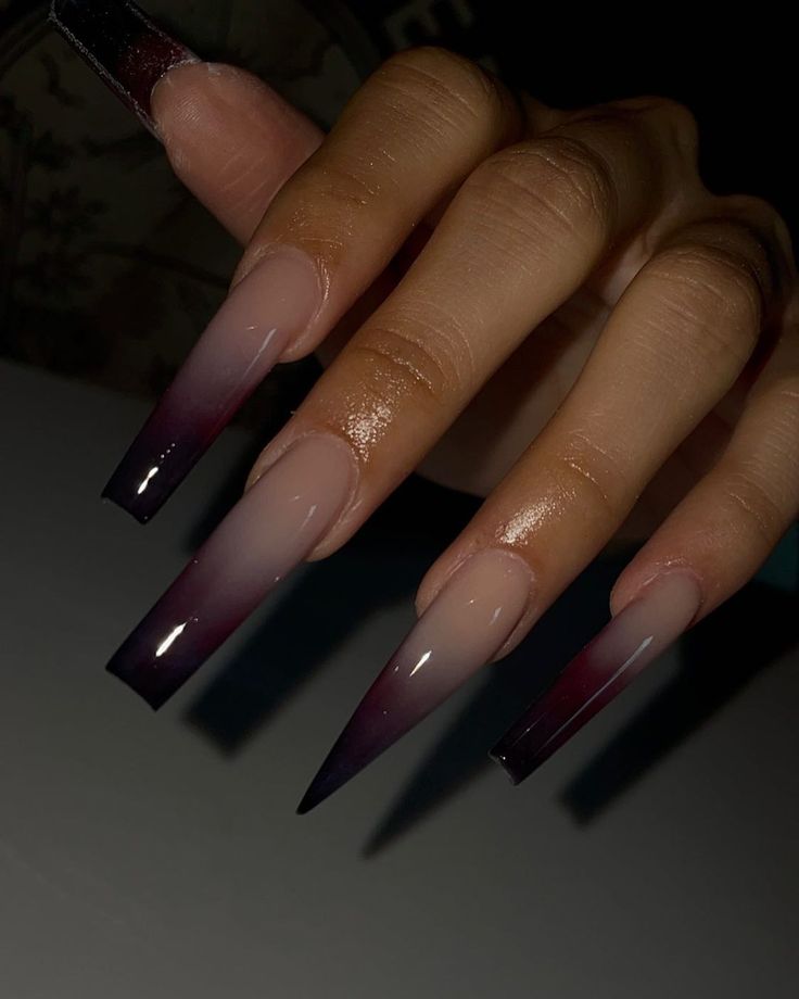 Chic Ombre Nail Design: Graceful Transition from Nude to Deep Purple with Glossy Finish