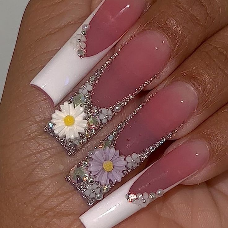 Chic Floral Nail Design: Soft Pink Base with White Tips and 3D Accents