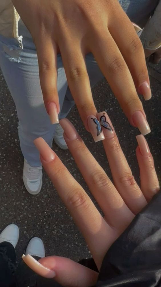 Chic Nude and French Tip Nail Designs with Artistic Butterfly Illustration.