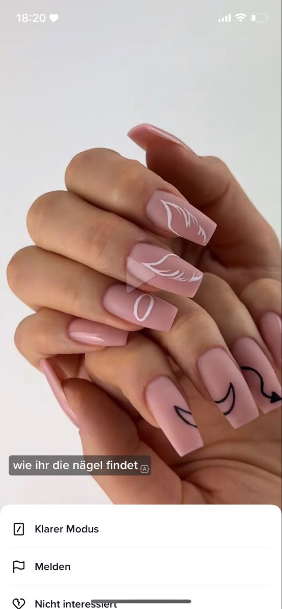 Chic Nude Nail Design with Artistic Black and White Line Patterns