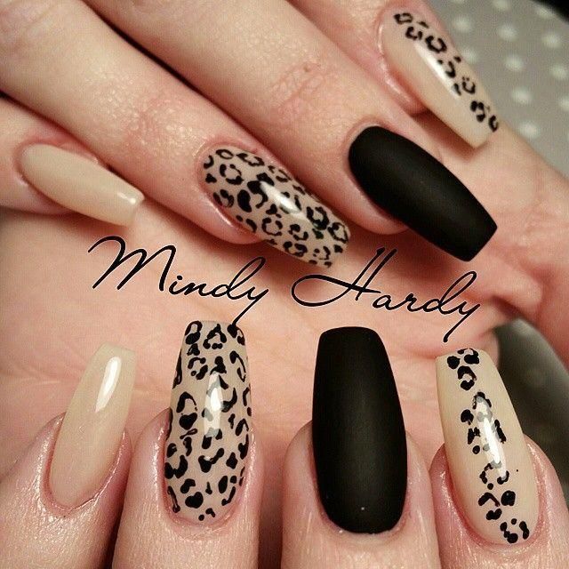 Chic Matte Black and Nude Nail Design with Trendy Leopard Print