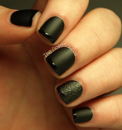 Chic Black Matte Nails with Glittery Accent for Elegant Versatility.