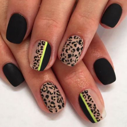 Bold Leopard Print Nails with Sleek Matte Black and Neon Yellow Accents.