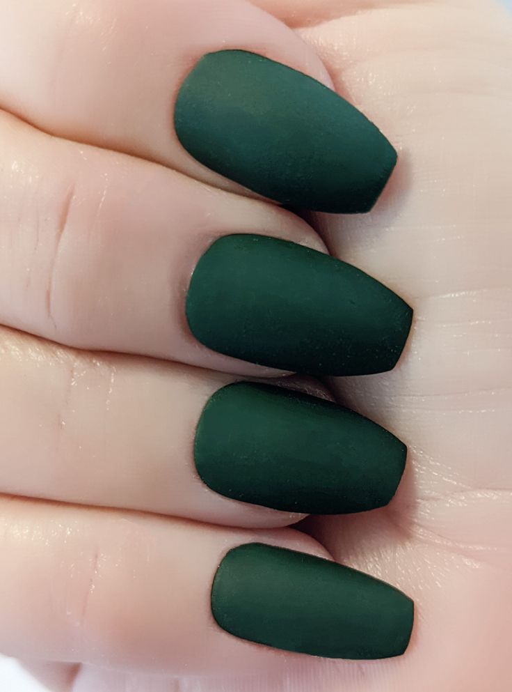 Sleek Matte Green Nail Design: Sophisticated Forest Hue with Modern Square Shape.