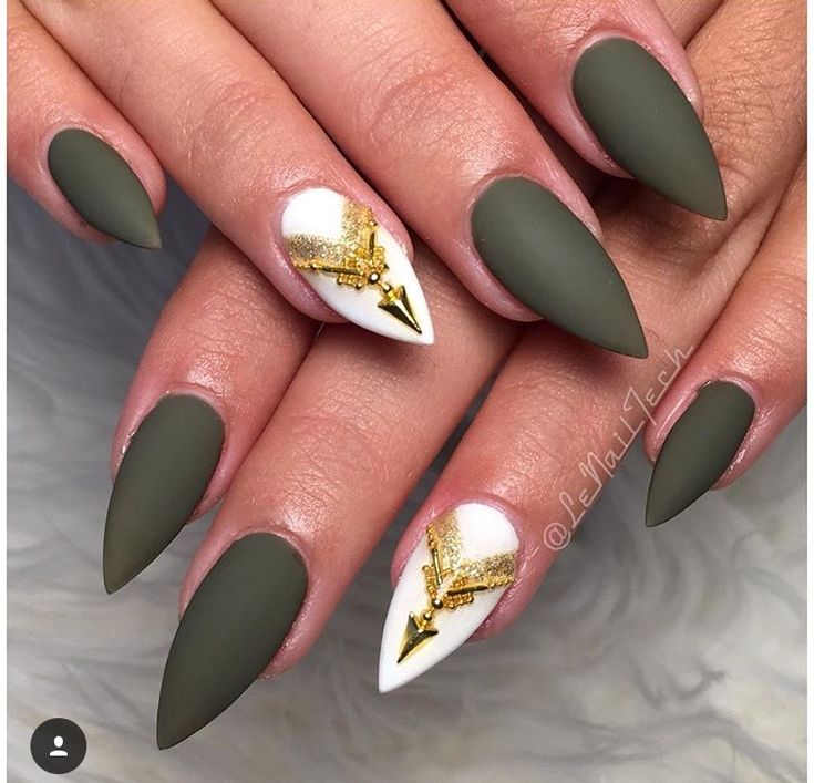 Chic Sophistication: Striking Matte Olive Green Nails with Glamorous Gold and White Accents