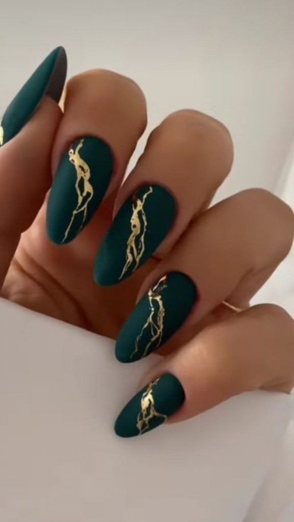 Sophisticated Green Matte Nails with Intricate Gold Line Art Design.