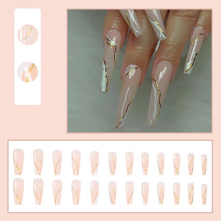 Luxurious Almond-Shaped Nude Nails with Marble and Gold Accents.