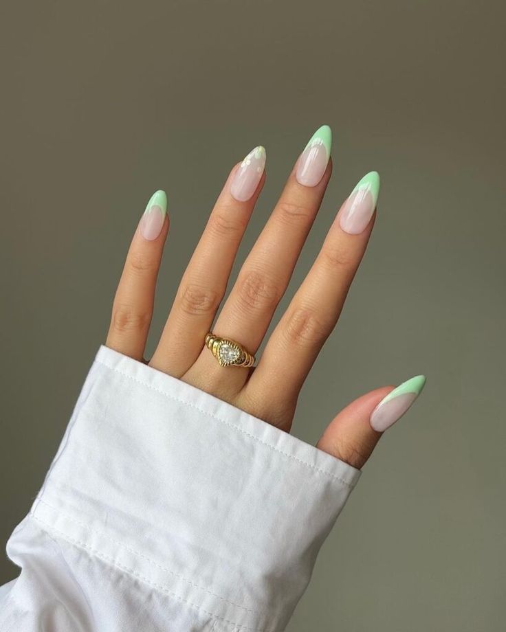 Chic Gradient Nail Design in Pale Pink and Mint Green with Gold Accents