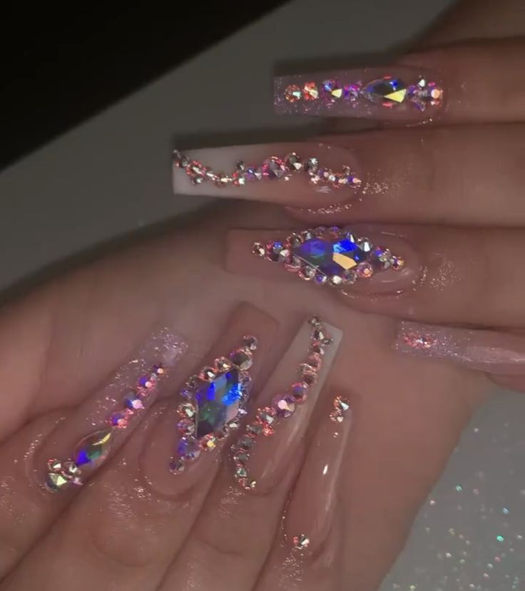 Chic Long Square Nail Design with Iridescent Rhinestones and Glitter