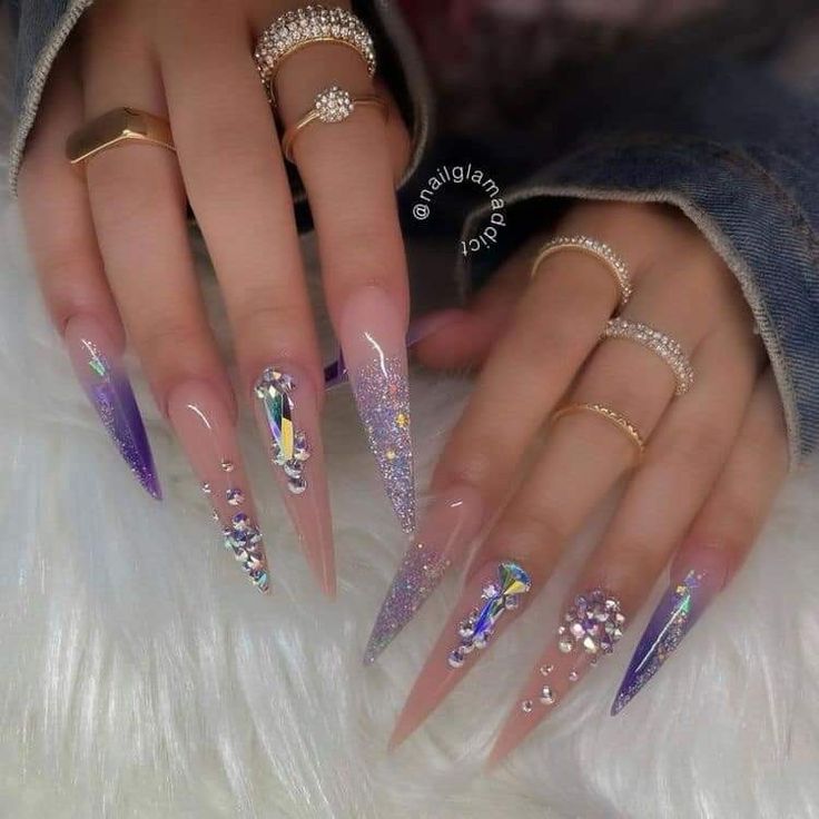 Glamorous Ombre Elongated Nails with Rhinestones and Glitter for a Bold Fashion Statement