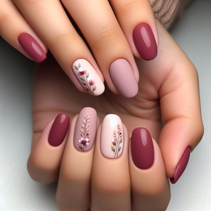 Elegant Floral Nail Design in Muted Pink and Deep Burgundy with Hand-Painted Accents