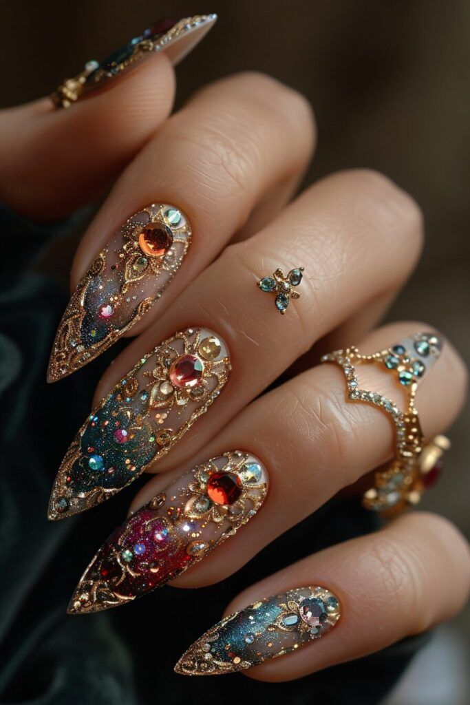 Elegant Glamorous Nail Design with Shimmering Colors and Intricate Gold Accents