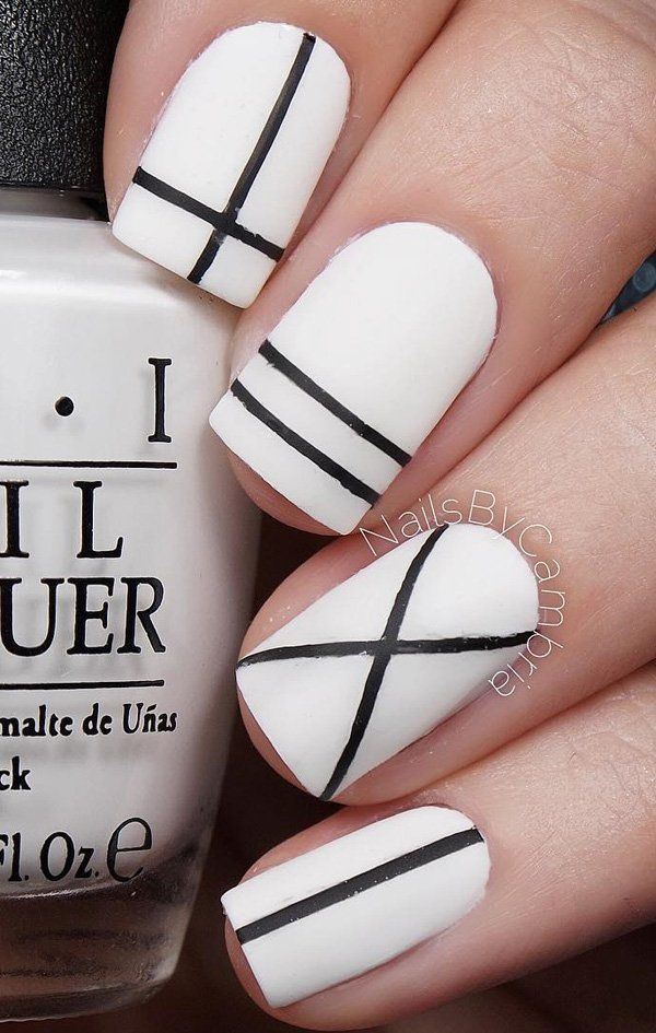 Chic Monochromatic Nail Design: Bold Black Geometry on Clean White Base