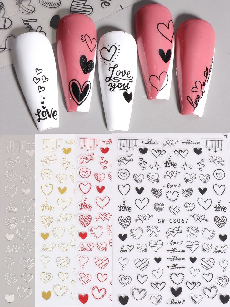 Romantic Colorful Heart-themed Nail Design with Customizable Decals