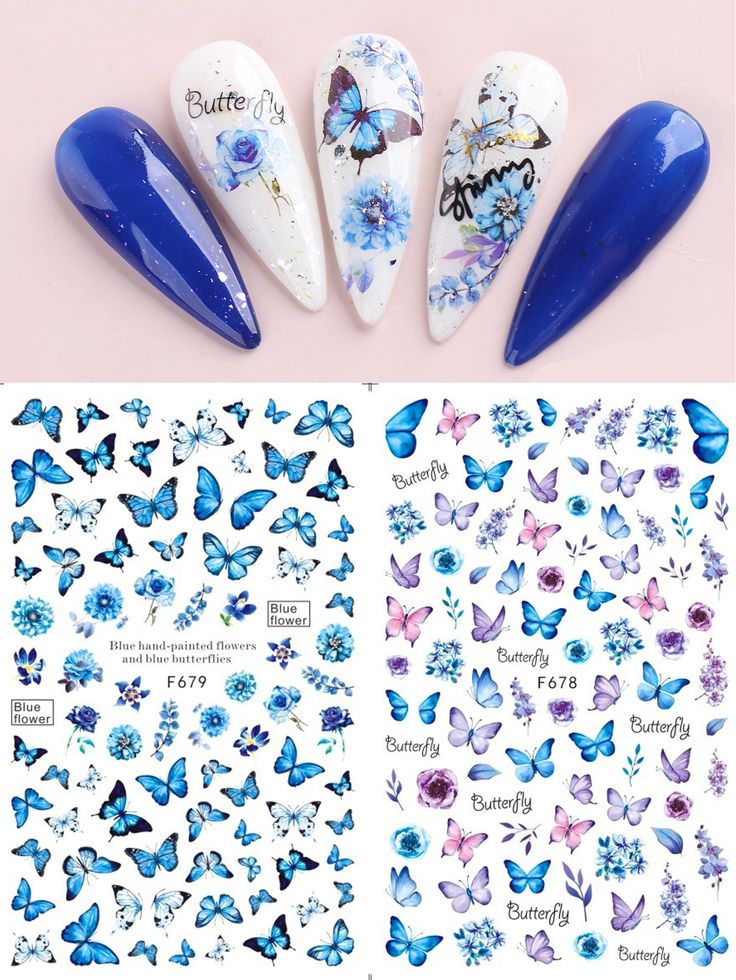 Charming Blue Nail Design with Floral and Butterfly Motifs for a Feminine Touch.