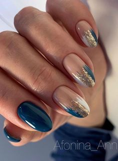 Sophisticated Teal and Neutral Gradient Nail Design with Shimmering Gold Accents.