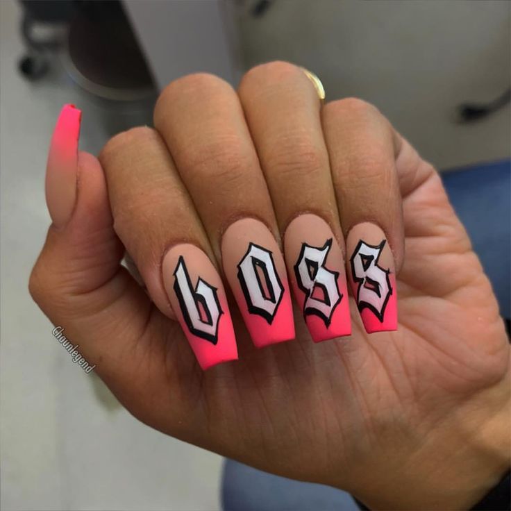 Bold Pink Ombre Nail Design with Playful Lettering for a Confident Statement.