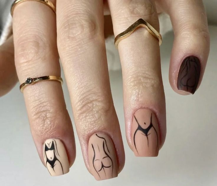 Artistic Nail Design: Modern Human Form with Muted Tones and Intricate Line Work.