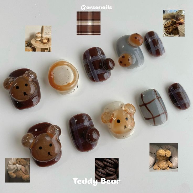 Charming Teddy Bear-Inspired Nail Designs with Brown Hues and Glossy Finishes.