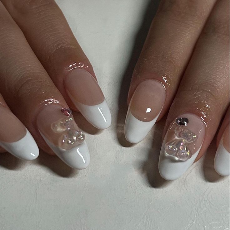 Playful Chic: Elegant French Manicure with 3D Bear Accents and Colorful Embellishments