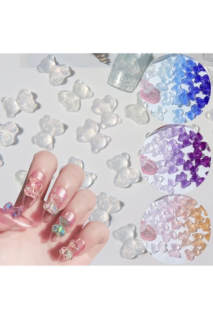 Whimsical Nail Design with Translucent Bear Embellishments in Charming Pastel Colors.