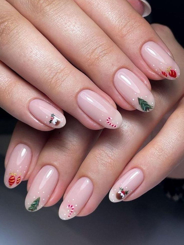 Whimsical Holiday Nail Design with Soft Nude Base and Festive Motifs