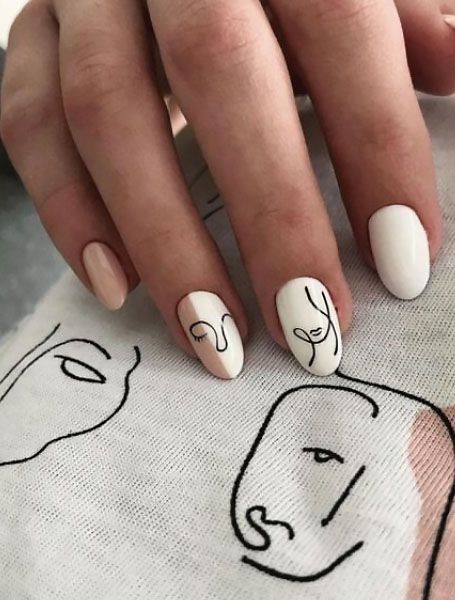 Elegant Minimalist Nail Design: Glossy White and Soft Neutrals with Artistic Line Art.