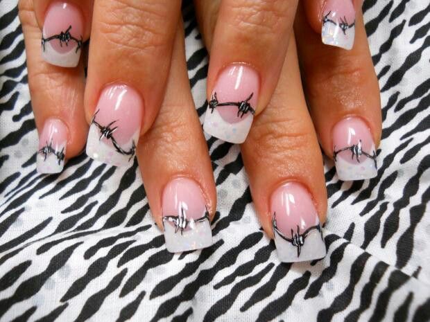 Edgy Elegant: Barbed Wire Nail Design with Soft Pink and Glossy White Accents