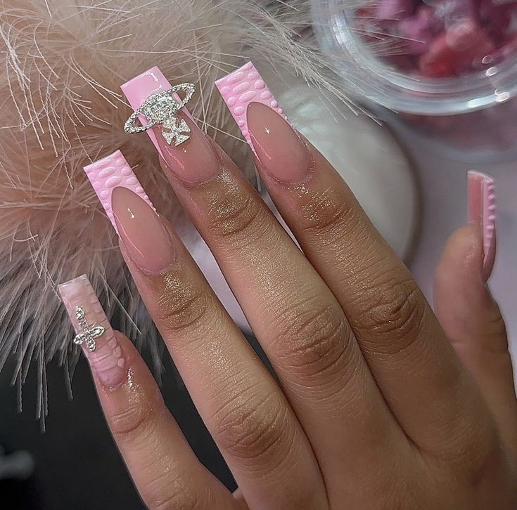 Chic Soft Pink Sculpted Nails with Textured Glamour and Sparkling Charm