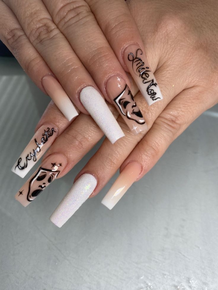 Elegant Long Square Nail Design with Nude-Pastel Shades and Unique Embellishments.