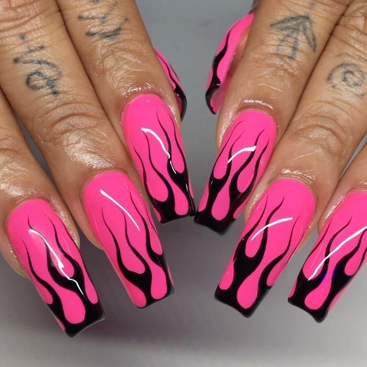 Bold Flame-Inspired Nail Design: Striking Hot Pink and Glossy Black Contrast