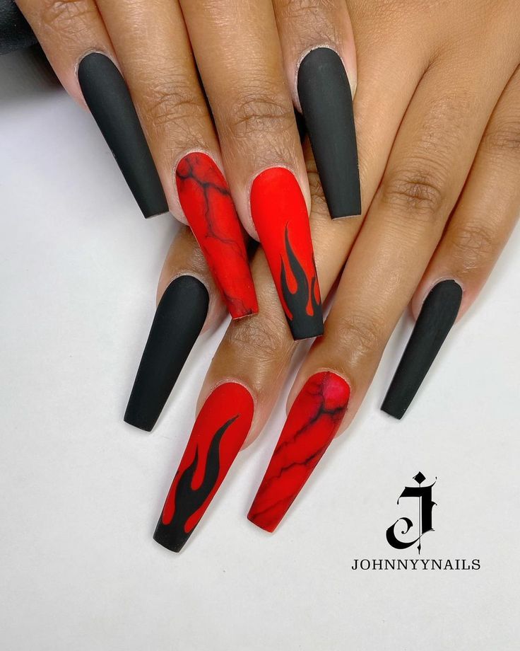 Edgy Bold Nail Design: Matte Black and Fiery Red with Flame Motifs